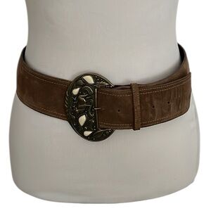 Vintage Revcor Elk buckle tan suede leather belt